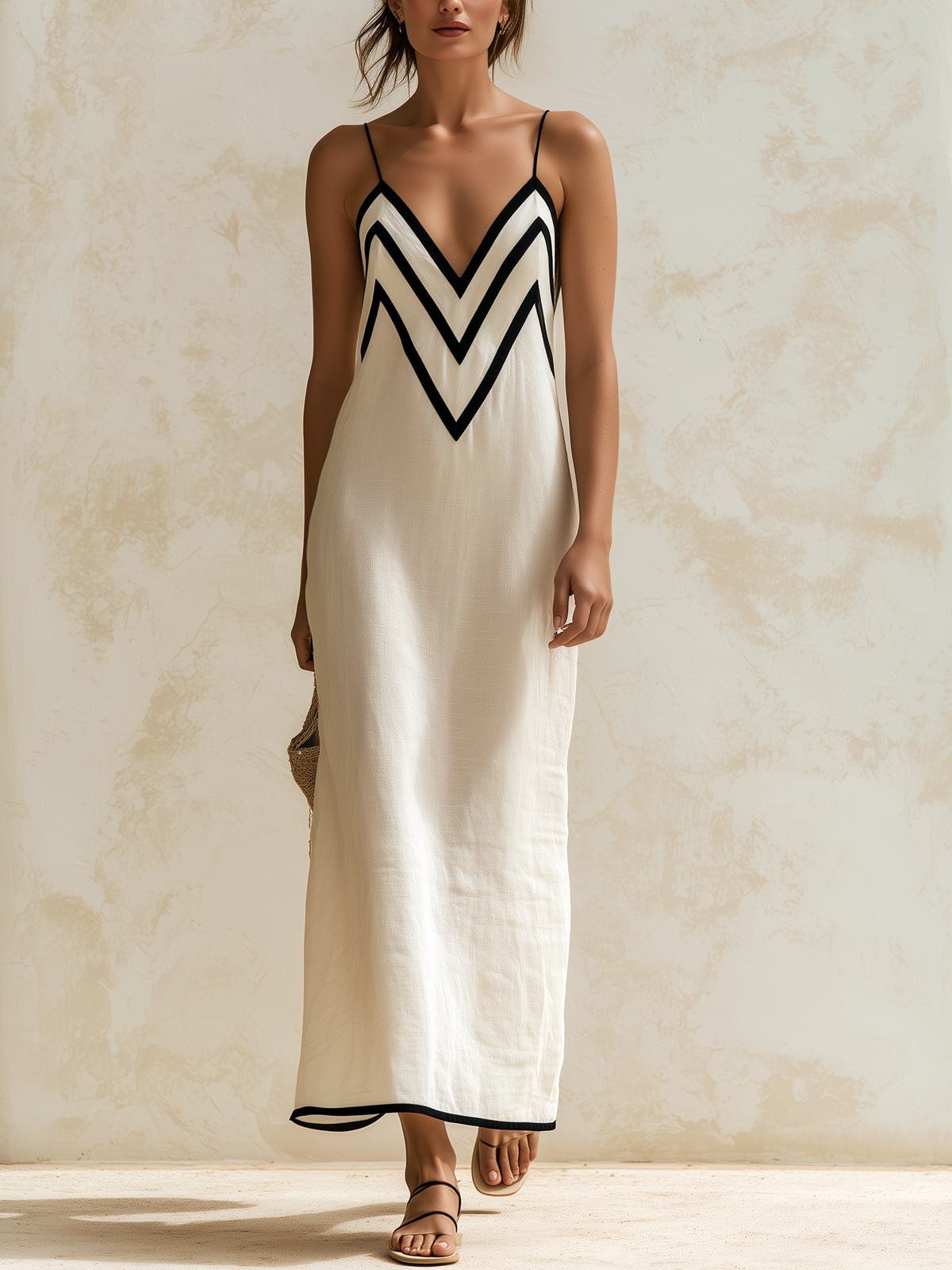 Marisa™ | Vestido Largo Chevron con Contraste