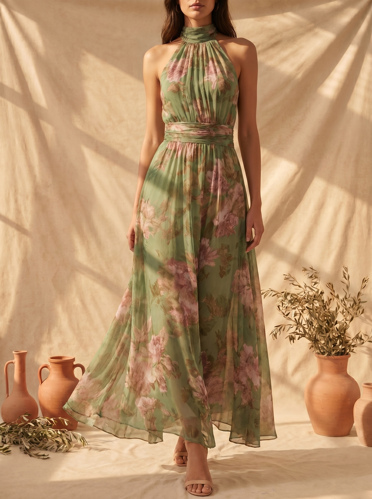 Lidia™ | Vestido Maxi Halter Floral Elegante